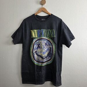 Nirvana Black Graphic Tee Sketch Smiley Face Acid Wash Rock Band Shirt Large